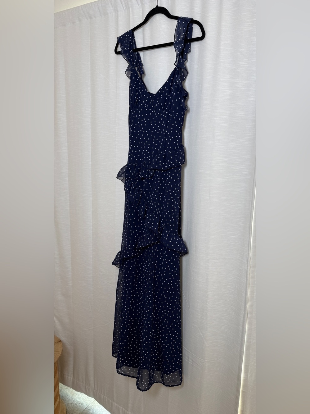 BP Navy Polka Dot Asymmetric Ruffle Tiered Maxi Dress | Size M - Picture 9 of 17
